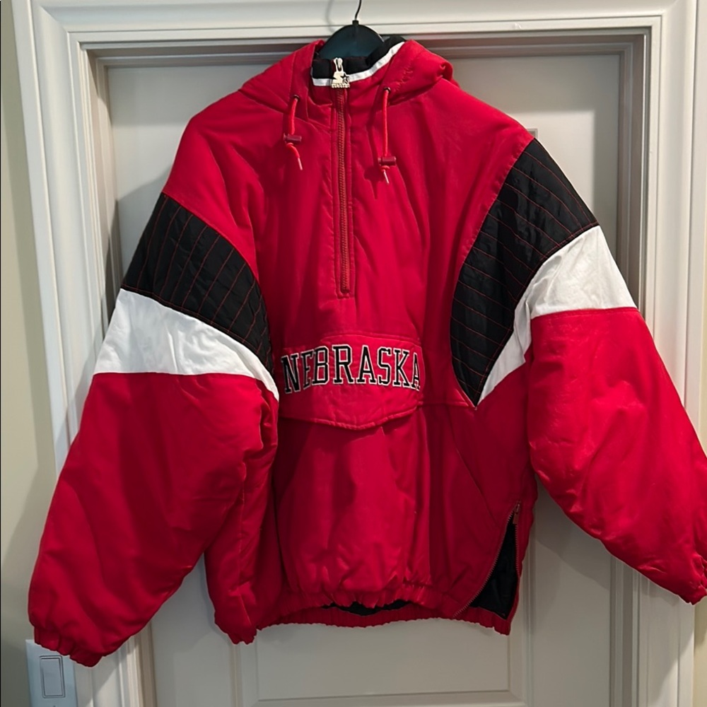 Vintage STARTER Nebraska hooded pullover Jacket with zipper front pocket